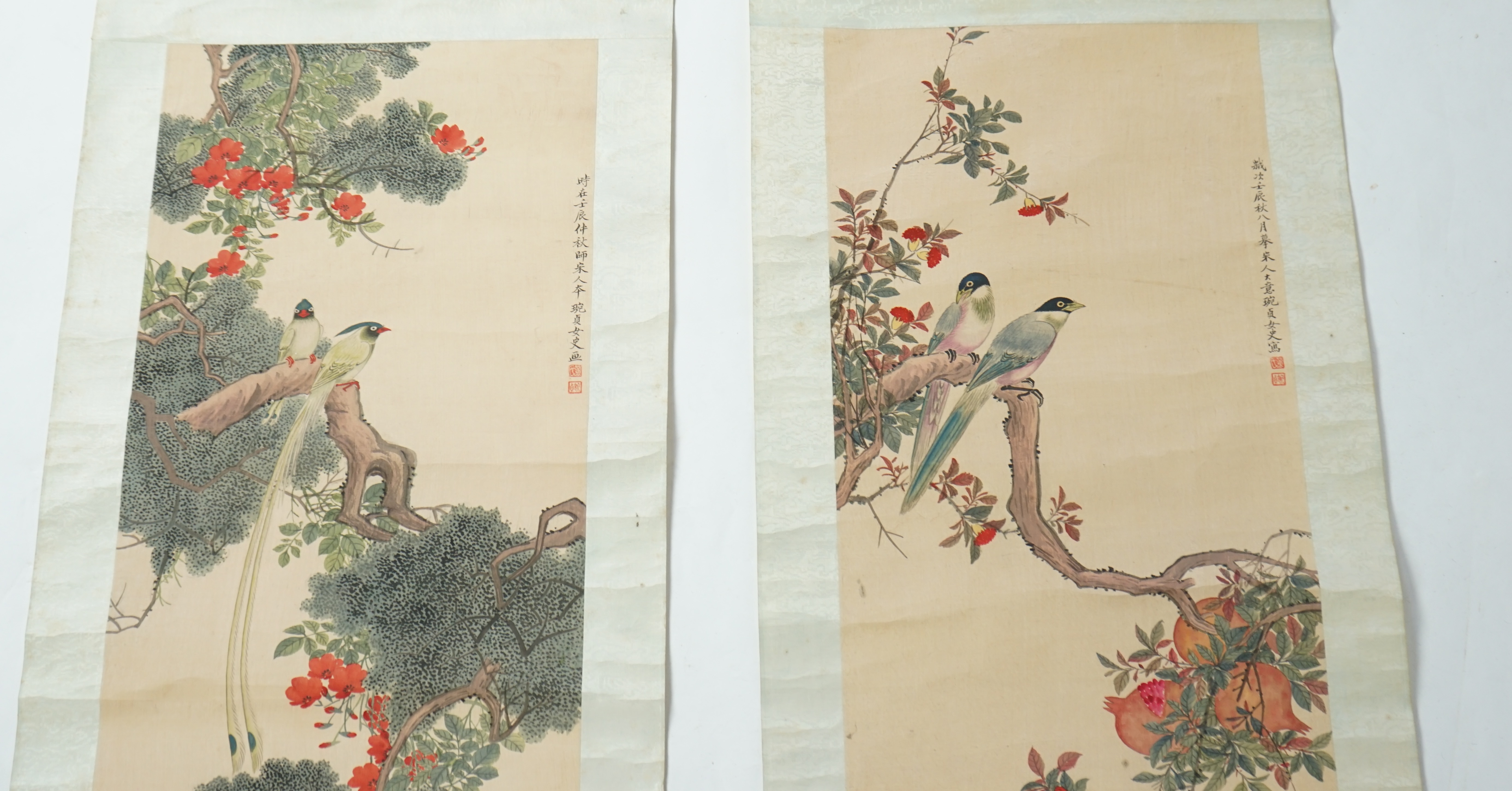 Chinese School, late 19th century, a pair of scroll paintings on silk of birds